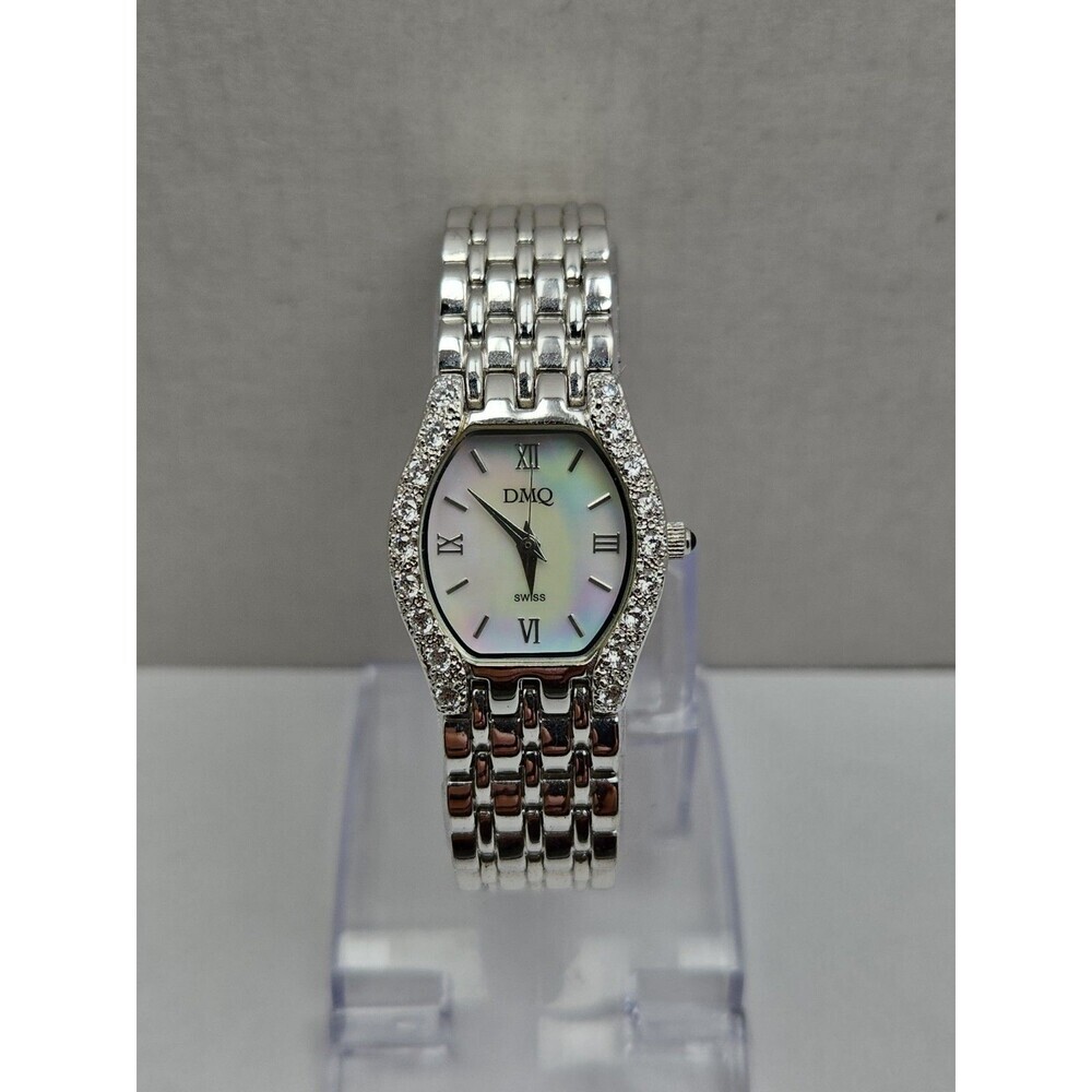 DMQ Diamonique Womens Silver Tone Mother Of Pearl Swiss Quartz Watch New Battery